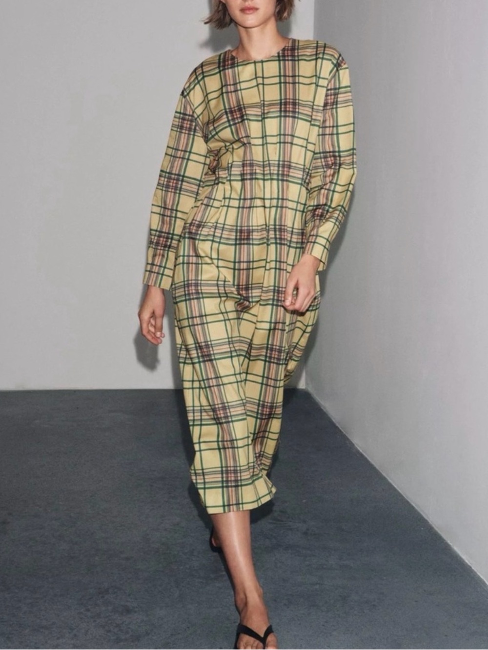 Zara Yellow Plaid Long Sleeve Midi Nightdress